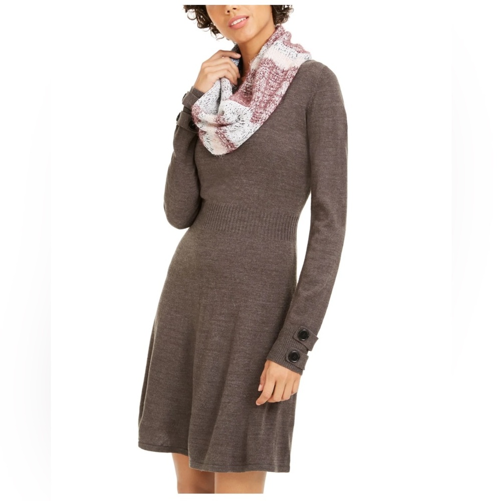 BCX Woven Charcoal Long Sleeve Sweater Dress with Scarf - NWT - Size Small!